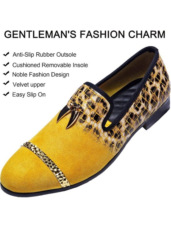 XQWFH Men\'s Gold Velvet Leather Loafer Embroidery Spiked Slip On Fashion Shoes main image 7